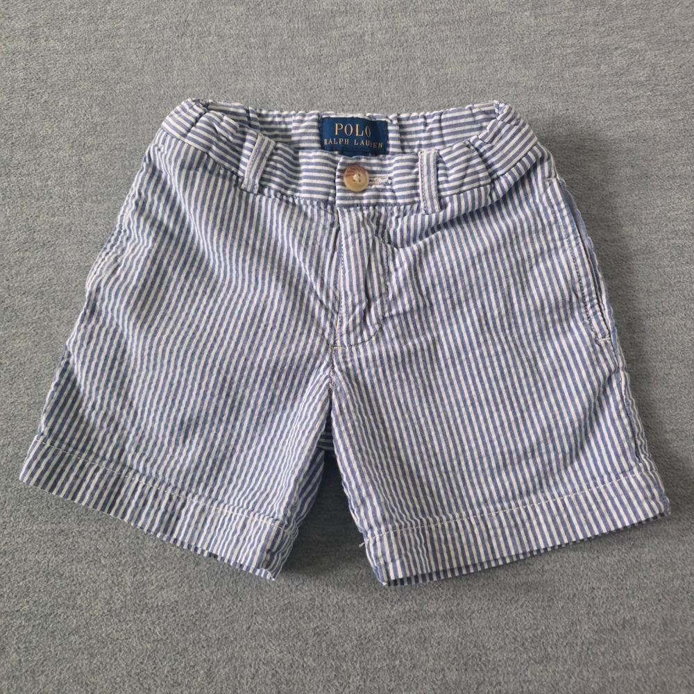 Polo Ralph Lauren Boys Blue White Seersucker Striped Pony Shorts Size 3